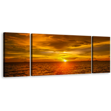 Load image into Gallery viewer, Ocean Sky Canvas Print, Orange Sunset Ocean Triptych Canvas Wall Art, Gold Dramatic Seascape Waves 3 Piece Multi Canvas
