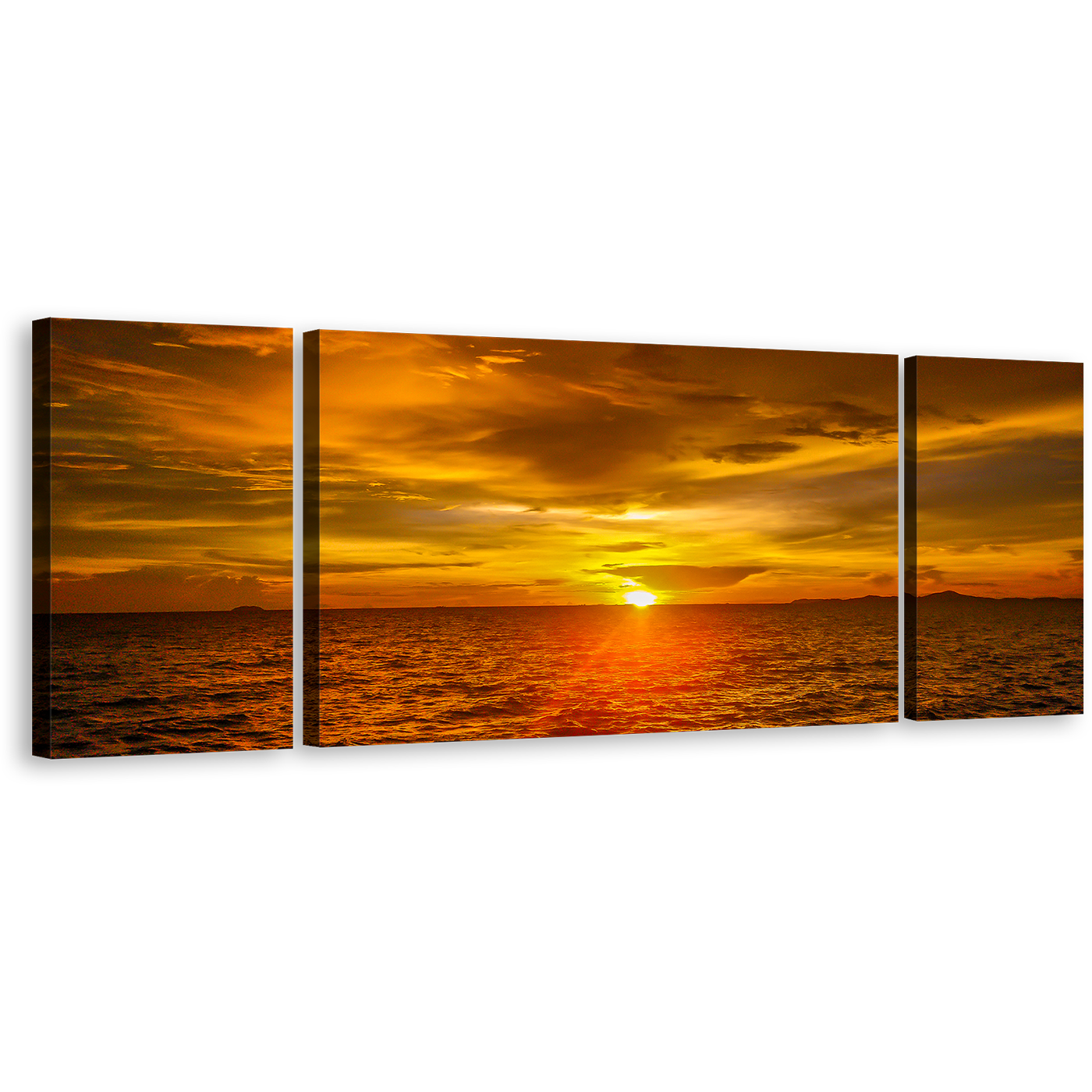 Ocean Sky Canvas Print, Orange Sunset Ocean Triptych Canvas Wall Art, Gold Dramatic Seascape Waves 3 Piece Multi Canvas