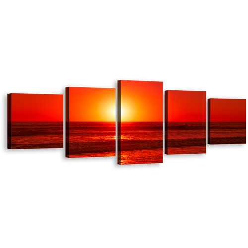 Ocean Sky Canvas Print, Yellow Sunset Ocean 5 Piece Canvas Wall Art, Red Sea Ocean Waves Multiple Canvas