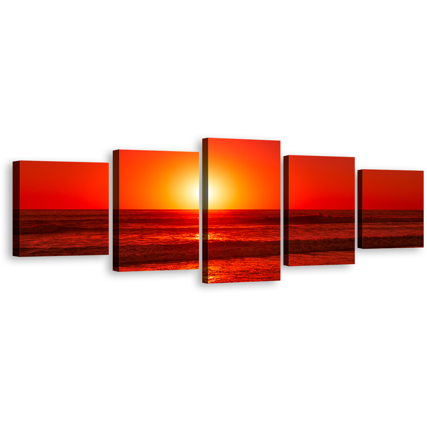 Ocean Sky Canvas Print, Yellow Sunset Ocean 5 Piece Canvas Wall Art, Red Sea Ocean Waves Multiple Canvas