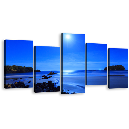 Ocean Sky Canvas Wall Art, Blue Sky Ocean Multi Canvas Artwork, Blue Rocky Ocean Beach 5 Piece Canvas Print