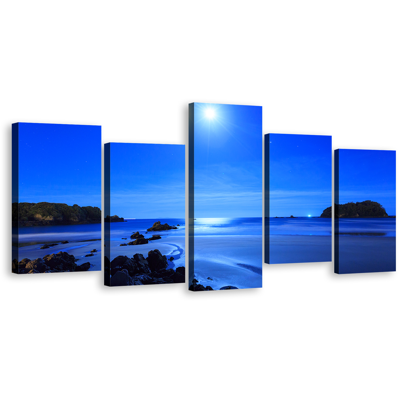 Ocean Sky Canvas Wall Art, Blue Sky Ocean Multi Canvas Artwork, Blue Rocky Ocean Beach 5 Piece Canvas Print