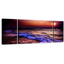 Load image into Gallery viewer, Ocean Sky Canvas Wall Art, Cloudy Orange Sunset Sea Triptych Multi Canvas, Purple Blue Ocean Waves 3 Piece Canvas Print
