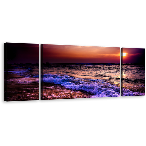 Ocean Sky Canvas Wall Art, Cloudy Orange Sunset Sea Triptych Multi Canvas, Purple Blue Ocean Waves 3 Piece Canvas Print