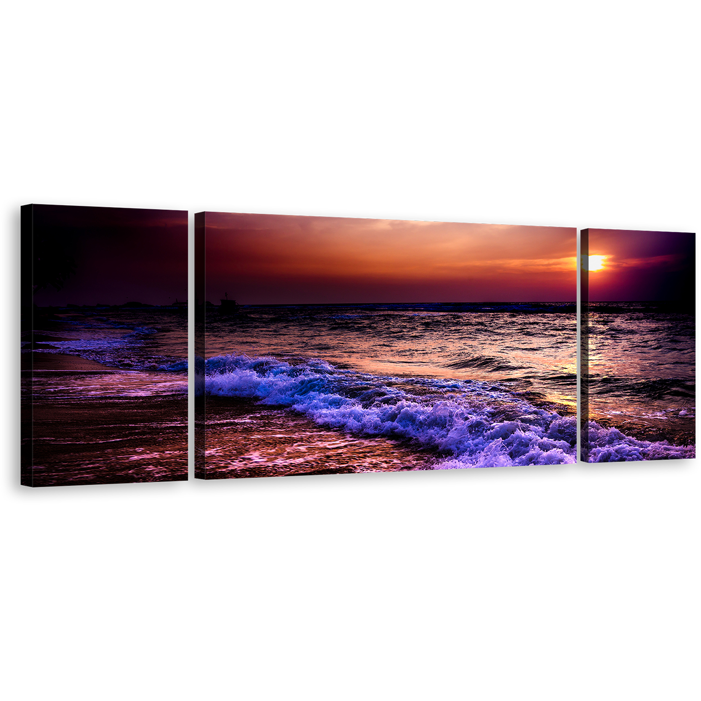 Ocean Sky Canvas Wall Art, Cloudy Orange Sunset Sea Triptych Multi Canvas, Purple Blue Ocean Waves 3 Piece Canvas Print