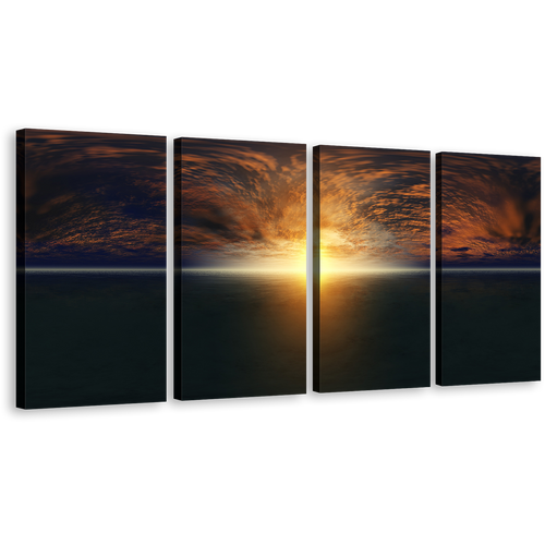 Ocean Sky Canvas Wall Art, Dramatic Cloudy Yellow Sunset Sea Multiple Canvas, Beautiful Blue Sky Ocean 4 Piece Print