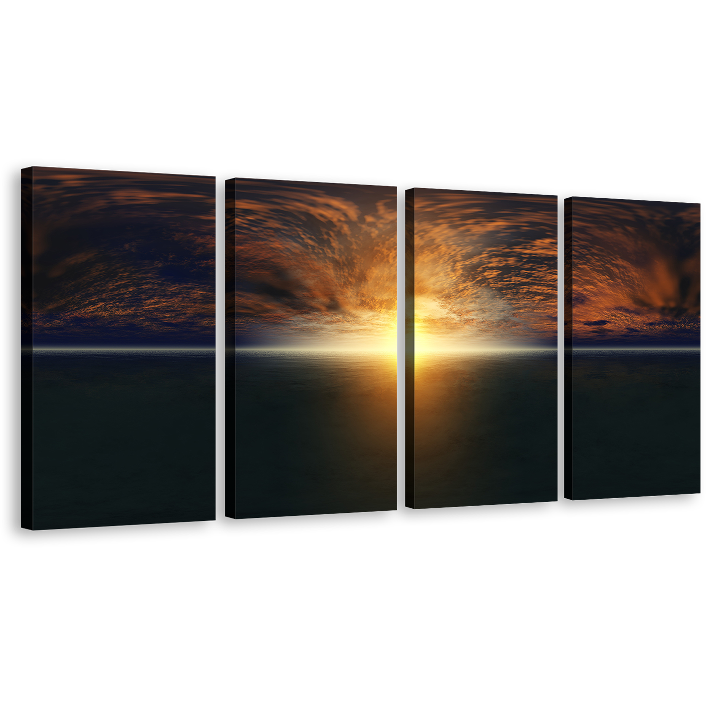 Ocean Sky Canvas Wall Art, Dramatic Cloudy Yellow Sunset Sea Multiple Canvas, Beautiful Blue Sky Ocean 4 Piece Print