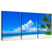 Load image into Gallery viewer, Ocean Sky Canvas Wall Art, Green Trees Ocean Beach 3 Piece Multi Canvas Artwork, Blue Cloudy Ocean Canvas Print
