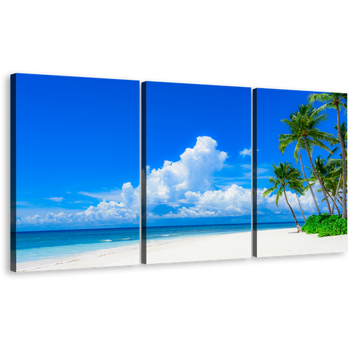 Ocean Sky Canvas Wall Art, Green Trees Ocean Beach 3 Piece Multi Canvas Artwork, Blue Cloudy Ocean Canvas Print