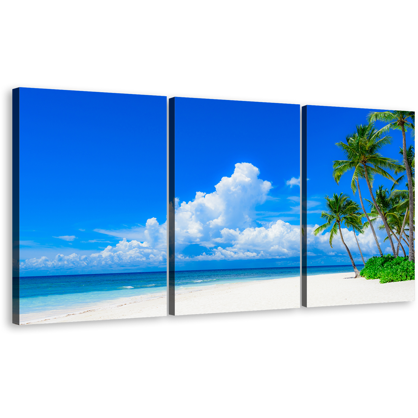 Ocean Sky Canvas Wall Art, Green Trees Ocean Beach 3 Piece Multi Canvas Artwork, Blue Cloudy Ocean Canvas Print