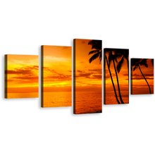 Load image into Gallery viewer, Ocean Sky Canvas Wall Art, Orange Cloudy Seascape Canvas Set, Dramatic Yellow Ocean 5 Piece Canvas Print
