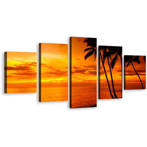 Ocean Sky Canvas Wall Art, Orange Cloudy Seascape Canvas Set, Dramatic Yellow Ocean 5 Piece Canvas Print