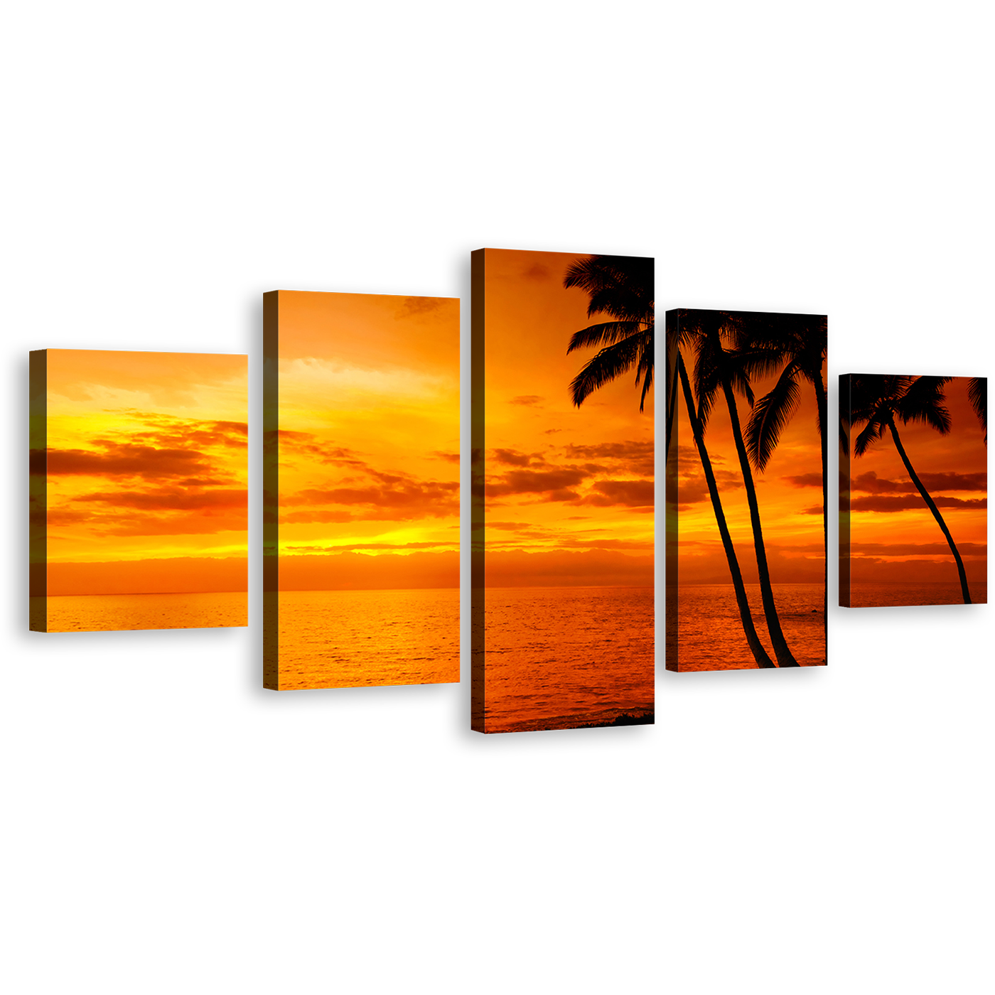 Ocean Sky Canvas Wall Art, Orange Cloudy Seascape Canvas Set, Dramatic Yellow Ocean 5 Piece Canvas Print