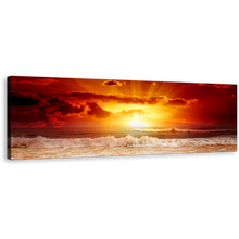 Load image into Gallery viewer, Ocean Sky Canvas Wall Art, Orange Cloudy Sky Panoramic Canvas, Yellow Sunset Sea Waves Canvas Print
