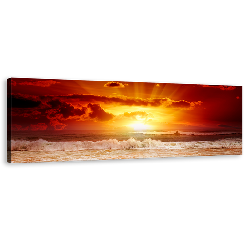 Ocean Sky Canvas Wall Art, Orange Cloudy Sky Panoramic Canvas, Yellow Sunset Sea Waves Canvas Print