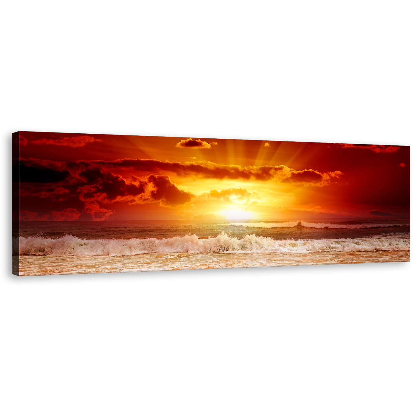 Ocean Sky Canvas Wall Art, Orange Cloudy Sky Panoramic Canvas, Yellow Sunset Sea Waves Canvas Print