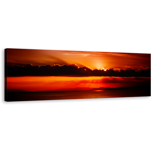 Ocean Sky Canvas Wall Art, Red Sunset Clouds Sea Panoramic Canvas Print, Orange Sun Behind Clouds Wide Canvas