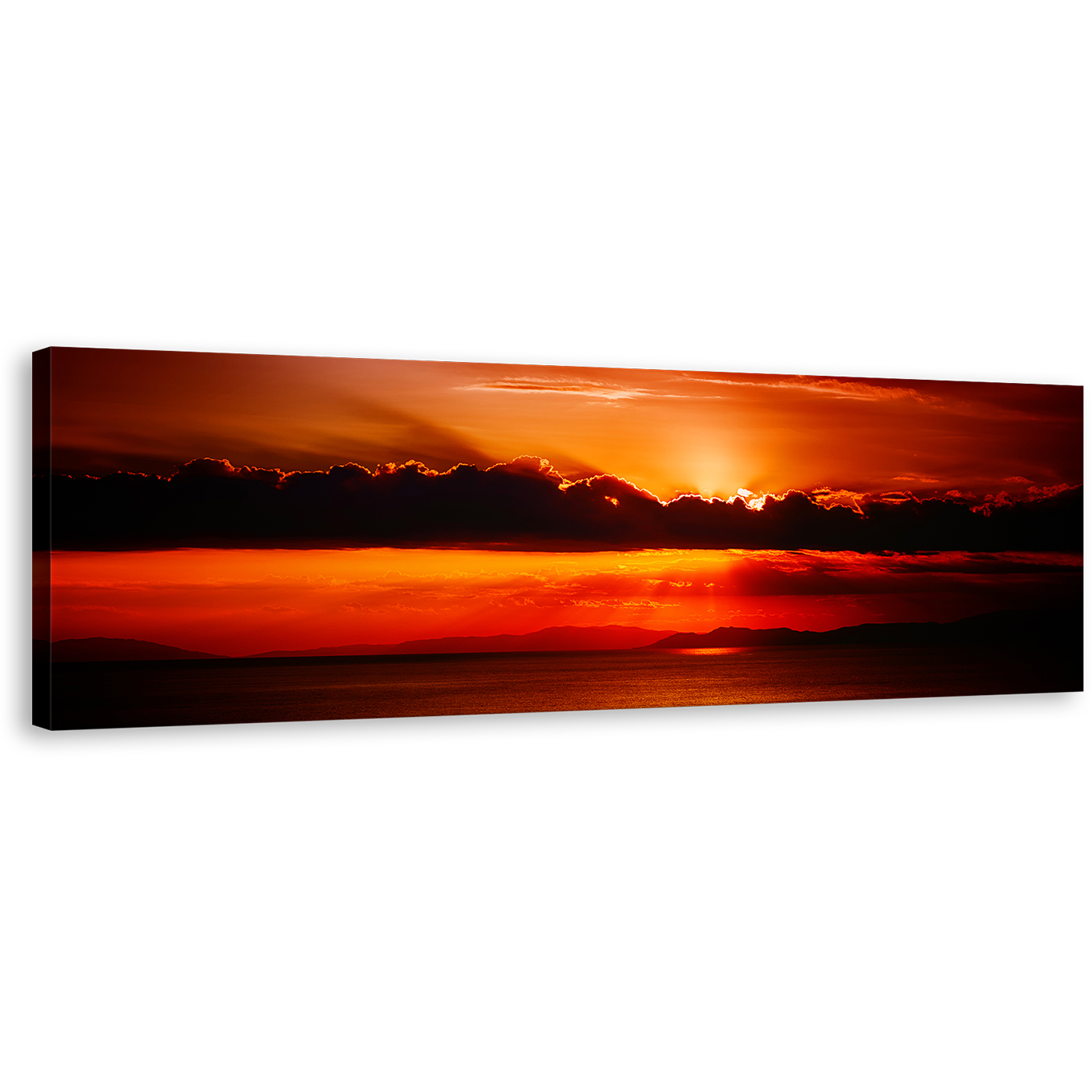 Ocean Sky Canvas Wall Art, Red Sunset Clouds Sea Panoramic Canvas Print, Orange Sun Behind Clouds Wide Canvas