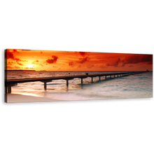 Load image into Gallery viewer, Ocean Sky Canvas Wall Art, Red Yellow Sunset Beach Canvas Print, Twilight At The Ocean Pier Panoramic Canvas
