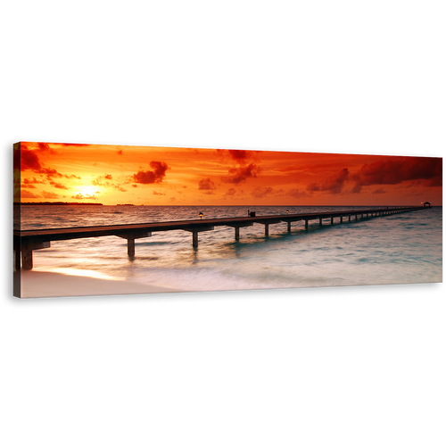 Ocean Sky Canvas Wall Art, Red Yellow Sunset Beach Canvas Print, Twilight At The Ocean Pier Panoramic Canvas