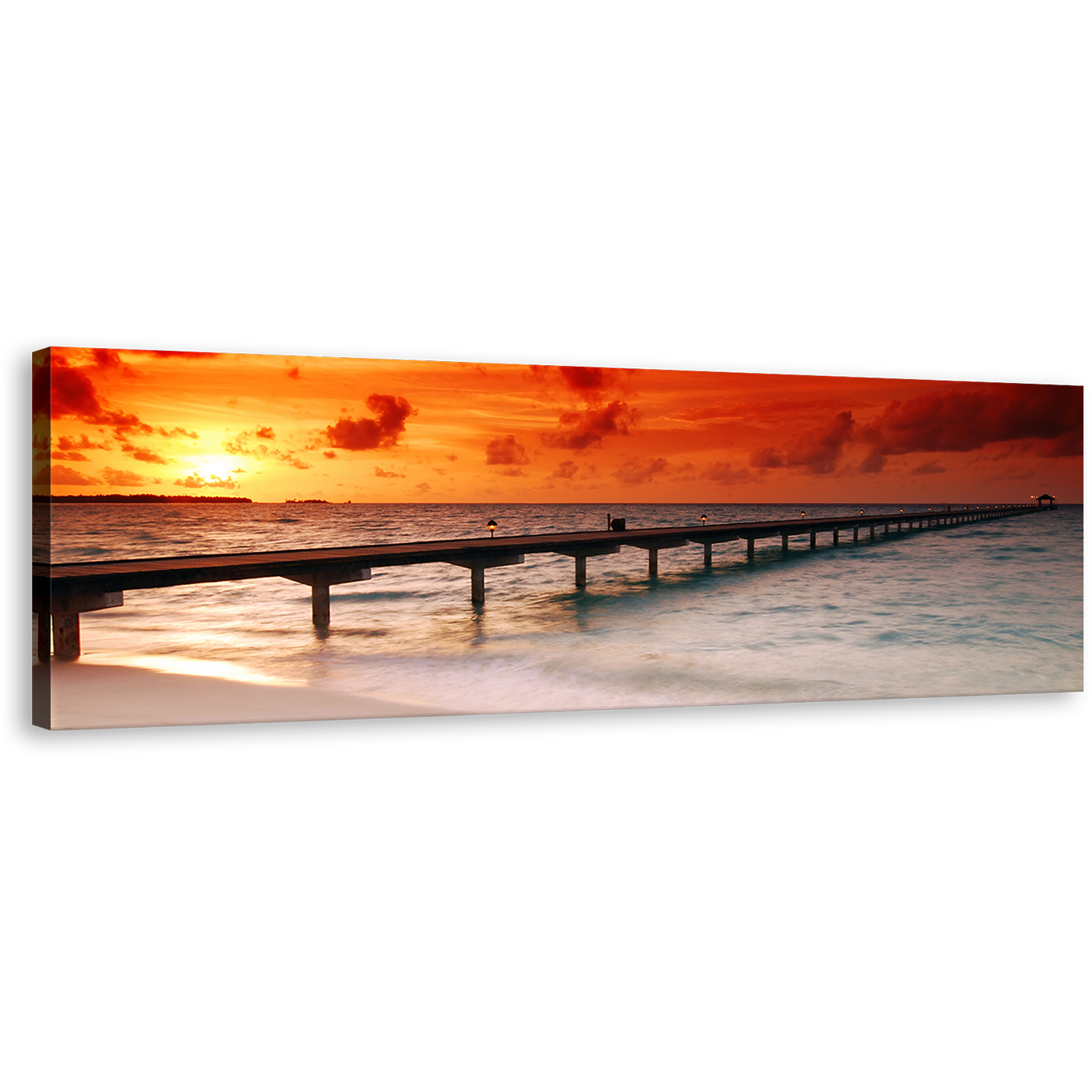 Ocean Sky Canvas Wall Art, Red Yellow Sunset Beach Canvas Print, Twilight At The Ocean Pier Panoramic Canvas