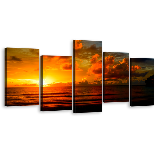 Ocean Sky Canvas Wall Art, Thailand Orange Ocean Multiple Canvas, Cloudy Yellow Sunset Ocean Sea 5 Piece Canvas Print