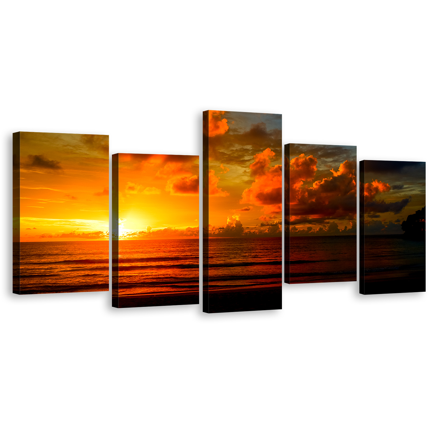 Ocean Sky Canvas Wall Art, Thailand Orange Ocean Multiple Canvas, Cloudy Yellow Sunset Ocean Sea 5 Piece Canvas Print