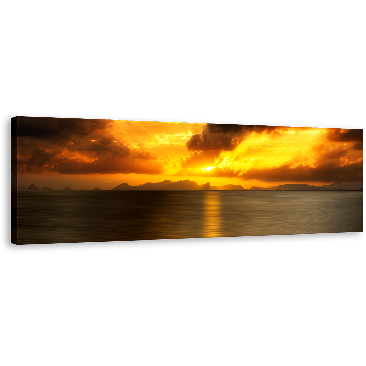 Ocean Sky Canvas Wall Art, Yellow Cloudy Sky Sunset Reflection Panoramic Canvas Print, Grey Sunset Clouds Lake Seascape Wide Canvas