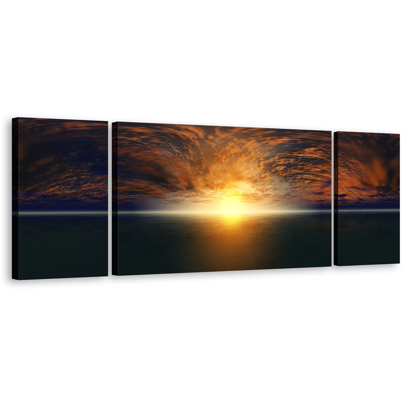 Ocean Sky Canvas Wall Art, Yellow Seascape Sunset 3 Piece Multi Canvas, Cloudy Orange Ocean Sunrise Canvas Print