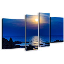 Load image into Gallery viewer, Ocean Sky Canvas Wall Art, Yellow Sunset Reflection on Water Canvas Print, Blue Ocean Beach 4 Piece Multi Canvas
