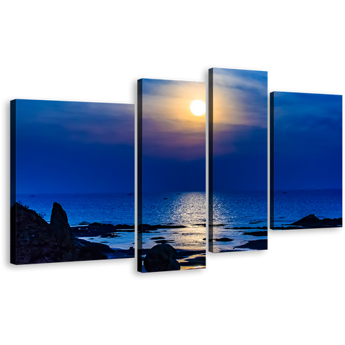 Ocean Sky Canvas Wall Art, Yellow Sunset Reflection on Water Canvas Print, Blue Ocean Beach 4 Piece Multi Canvas