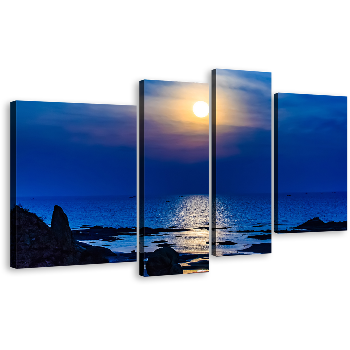 Ocean Sky Canvas Wall Art, Yellow Sunset Reflection on Water Canvas Print, Blue Ocean Beach 4 Piece Multi Canvas