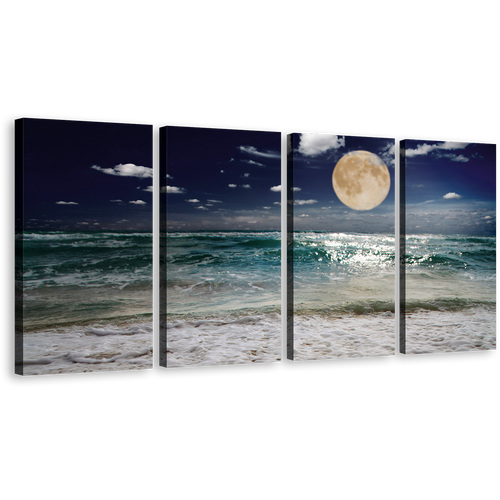 Ocean Sky Wall Art, Blue Evening Moon Waves Canvas Print, Night Sky Green Beach 4 Piece Canvas Set