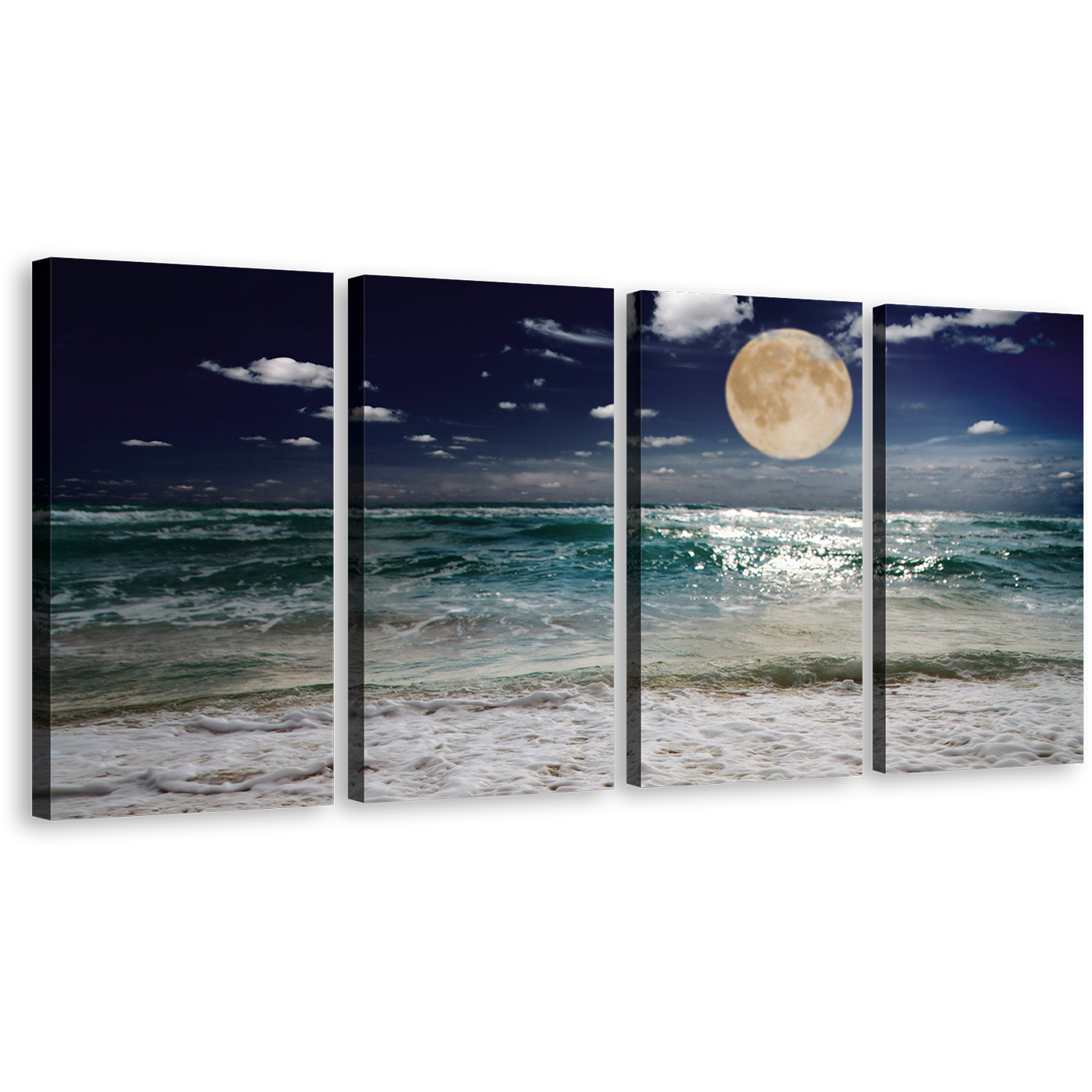 Ocean Sky Wall Art, Blue Evening Moon Waves Canvas Print, Night Sky Green Beach 4 Piece Canvas Set