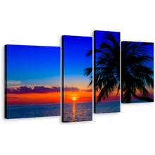 Load image into Gallery viewer, Ocean Sky Wall Art, Blue Indian Ocean Multi Canvas, Maldives Evening Orange Sunset Palm Trees 4 Piece Canvas Print
