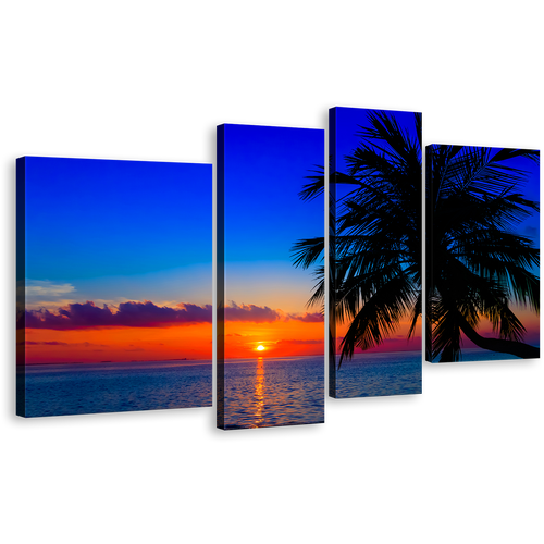 Ocean Sky Wall Art, Blue Indian Ocean Multi Canvas, Maldives Evening Orange Sunset Palm Trees 4 Piece Canvas Print