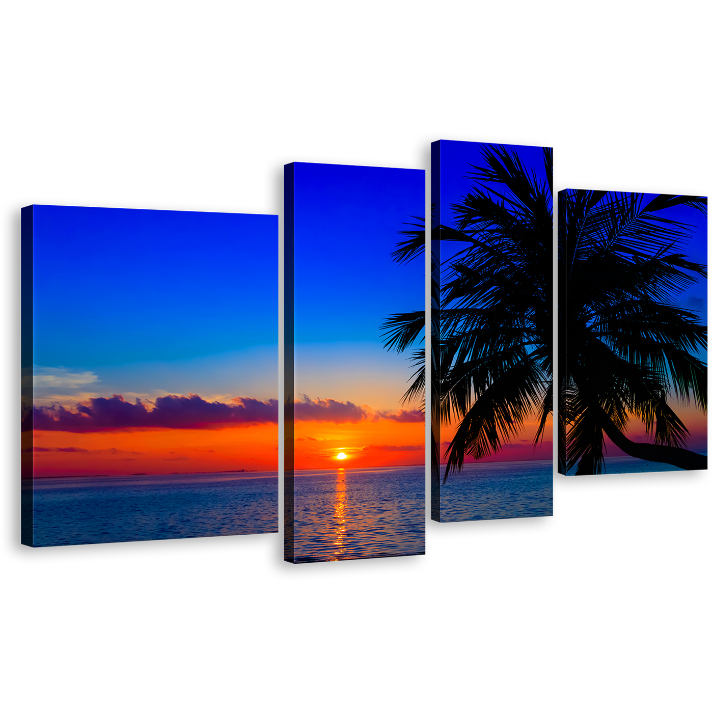 Ocean Sky Wall Art, Blue Indian Ocean Multi Canvas, Maldives Evening Orange Sunset Palm Trees 4 Piece Canvas Print