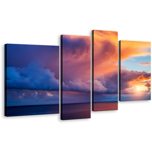 Ocean Sky Wall Art, Italy Mediterranean Blue Sea 4 Piece Canvas Set, Cape Capo Zafferano Yellow Sunset Ocean Canvas Print