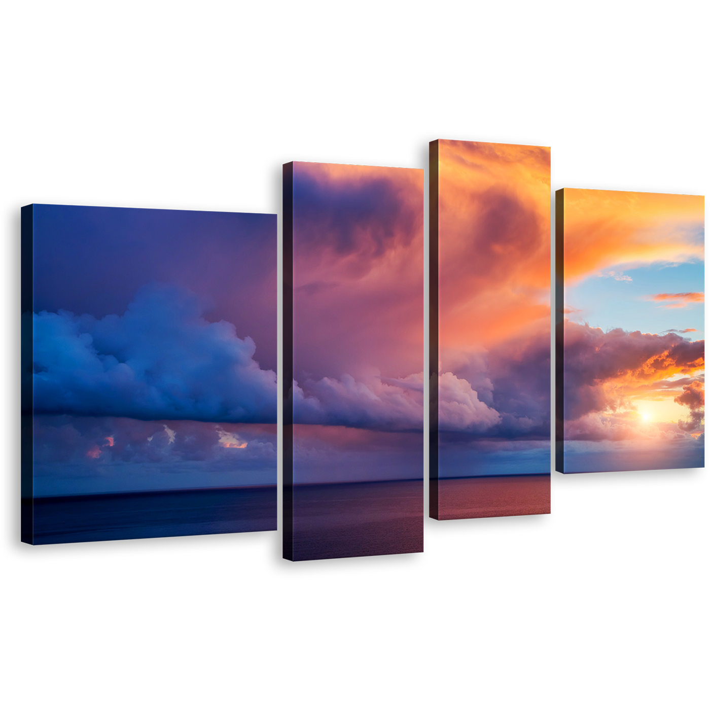 Ocean Sky Wall Art, Italy Mediterranean Blue Sea 4 Piece Canvas Set, Cape Capo Zafferano Yellow Sunset Ocean Canvas Print