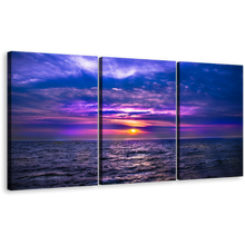 Load image into Gallery viewer, Ocean Sky Wall Art, Purple Dramatic Sky 3 Piece Canvas Print, Cloudy Yellow Sunset Seascape Multi Canvas
