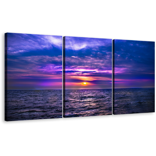 Ocean Sky Wall Art, Purple Dramatic Sky 3 Piece Canvas Print, Cloudy Yellow Sunset Seascape Multi Canvas