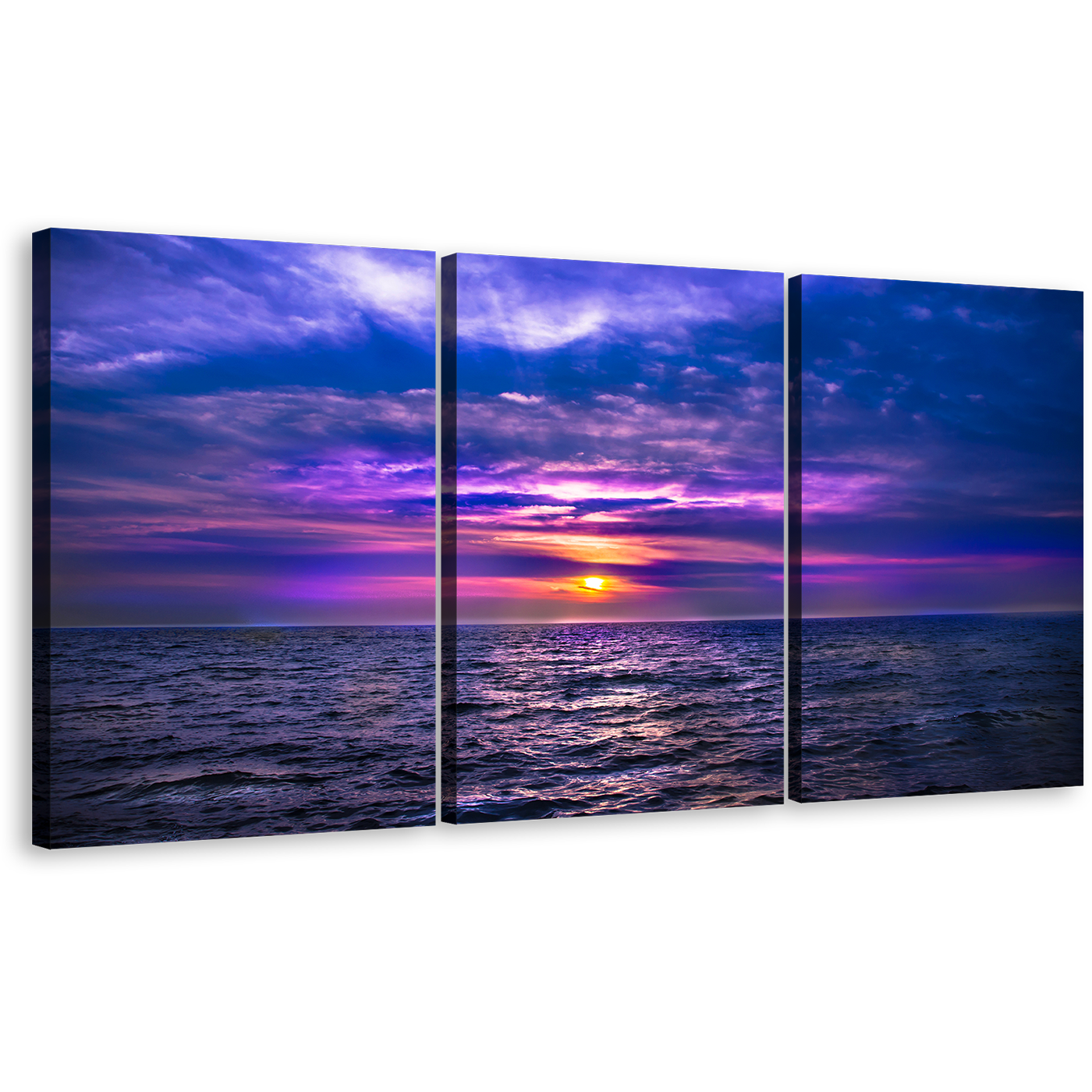 Ocean Sky Wall Art, Purple Dramatic Sky 3 Piece Canvas Print, Cloudy Yellow Sunset Seascape Multi Canvas