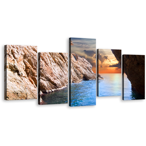 Ocean Sunrise Canvas Print, Brown Ocean Rocks Looking Out Cave 5 Piece Wall Art, Beautiful Yellow Sunset Multi Canvas