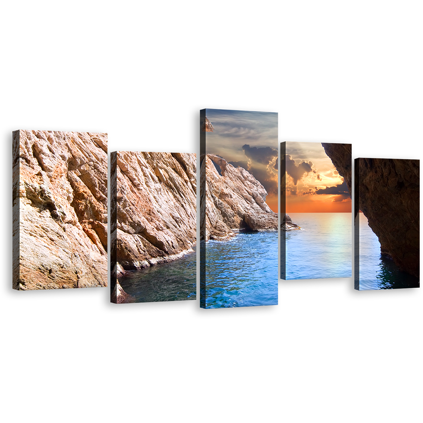 Ocean Sunrise Canvas Print, Brown Ocean Rocks Looking Out Cave 5 Piece Wall Art, Beautiful Yellow Sunset Multi Canvas