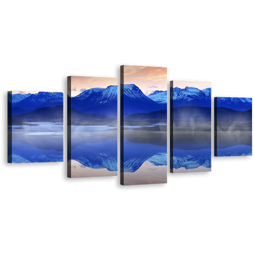 Ocean Sunrise Canvas Print, Foggy Norwegian White Mountain 5 Piece Canvas, Blue Ocean Wall Art