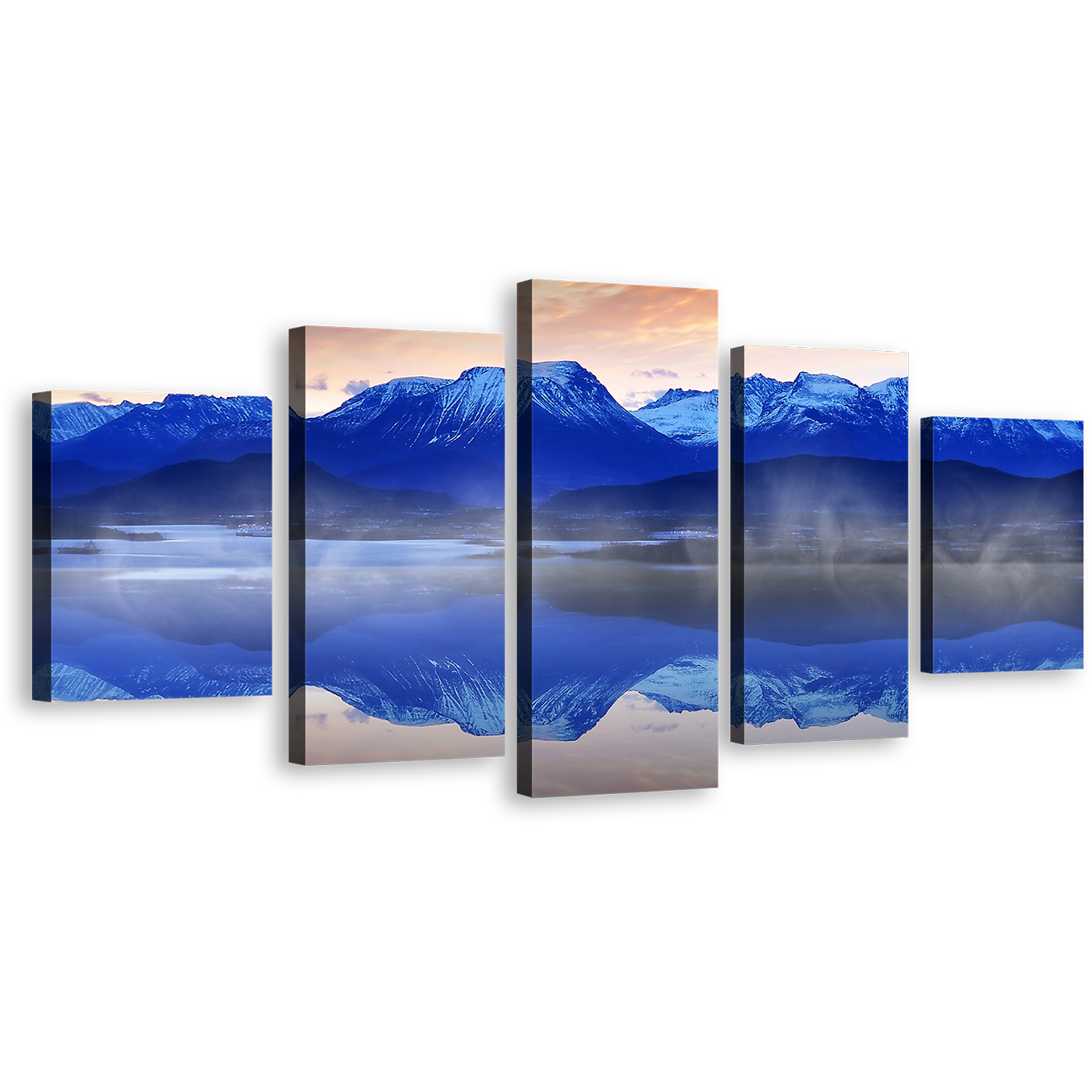 Ocean Sunrise Canvas Print, Foggy Norwegian White Mountain 5 Piece Canvas, Blue Ocean Wall Art