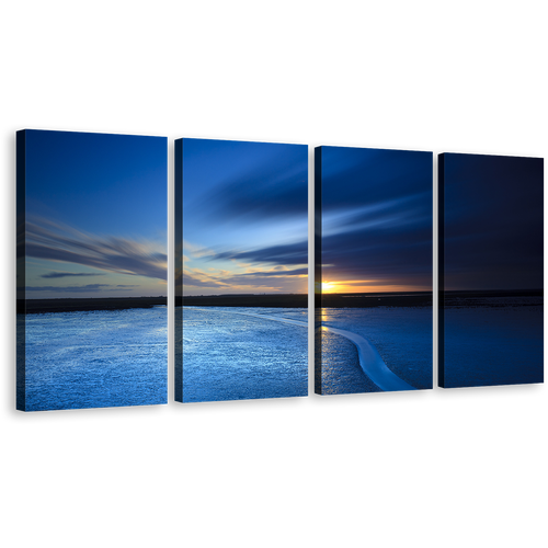 Ocean Sunrise Canvas Wall Art, Blue Ocean Seascape 4 Piece Canvas Set, Yellow Cloudy Sky Sea Canvas Print