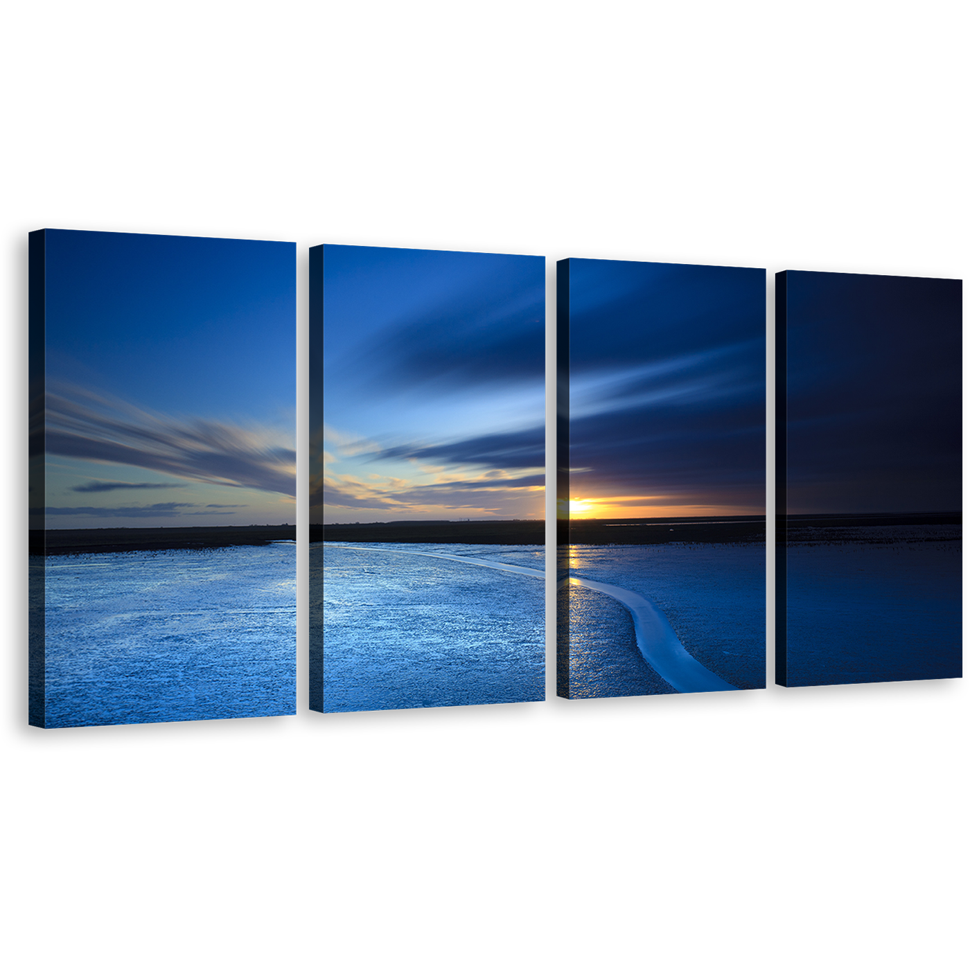 Ocean Sunrise Canvas Wall Art, Blue Ocean Seascape 4 Piece Canvas Set, Yellow Cloudy Sky Sea Canvas Print