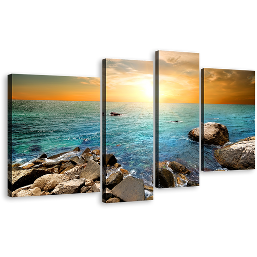 Ocean Sunrise Canvas Wall Art, Blue Sea Ocean Rocks 4 Piece Canvas, Yellow Sky Stony Beach Canvas Print