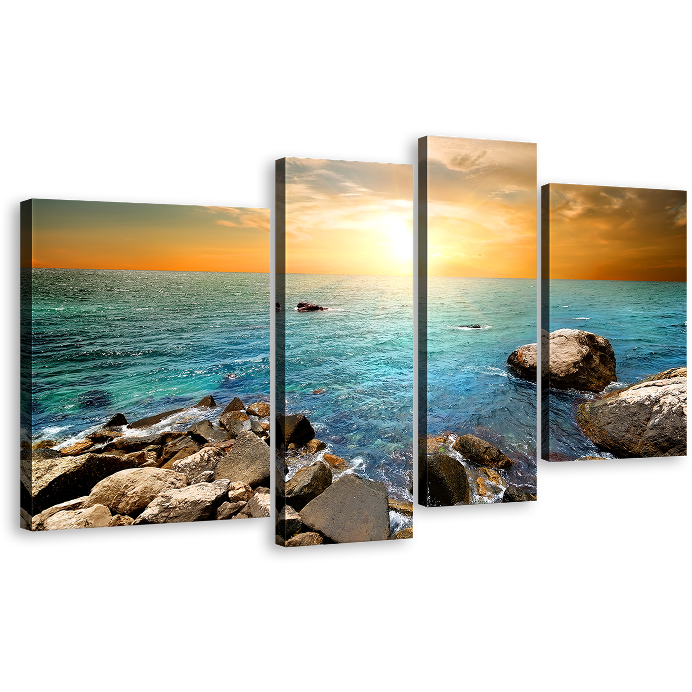 Ocean Sunrise Canvas Wall Art, Blue Sea Ocean Rocks 4 Piece Canvas, Yellow Sky Stony Beach Canvas Print